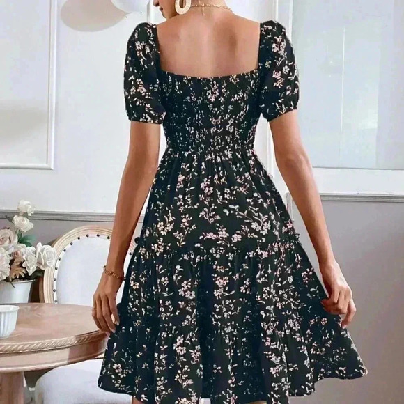 boho Floral Print Puff Sleeve Shirred Layered Hem Dress green - Picture 3 of 5